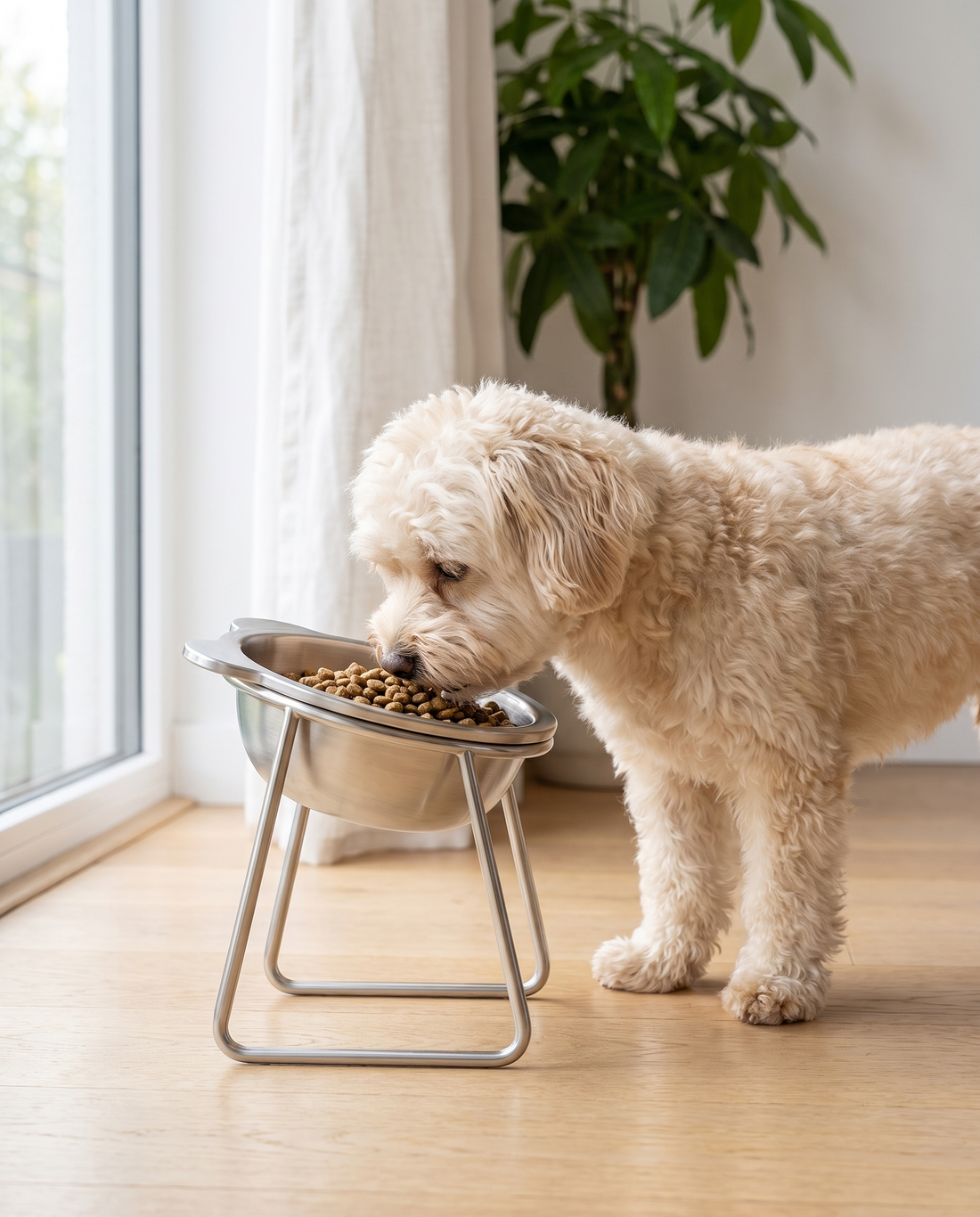Kleiner Hund frisst entspannt aus dem erhöhten Napfaro Napf